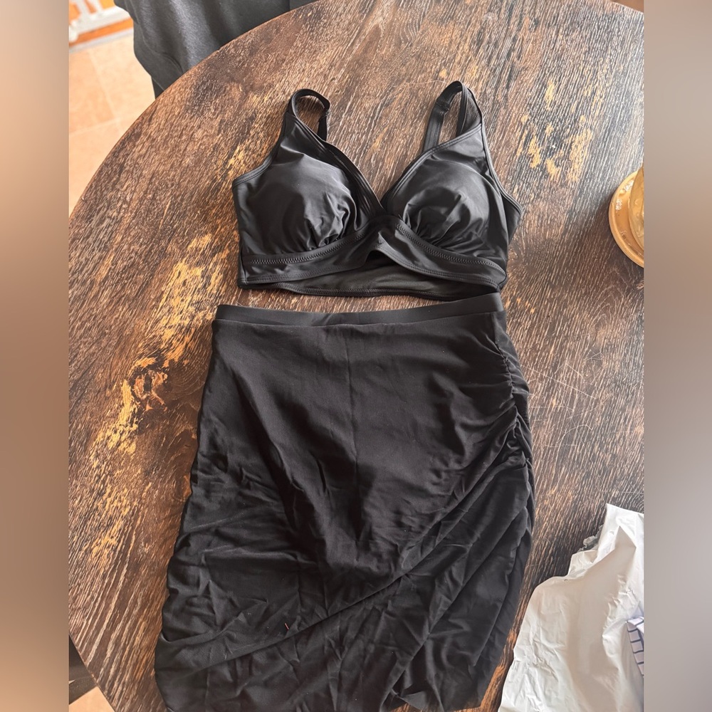 Black Two-Piece Swim Suit with built in sarong